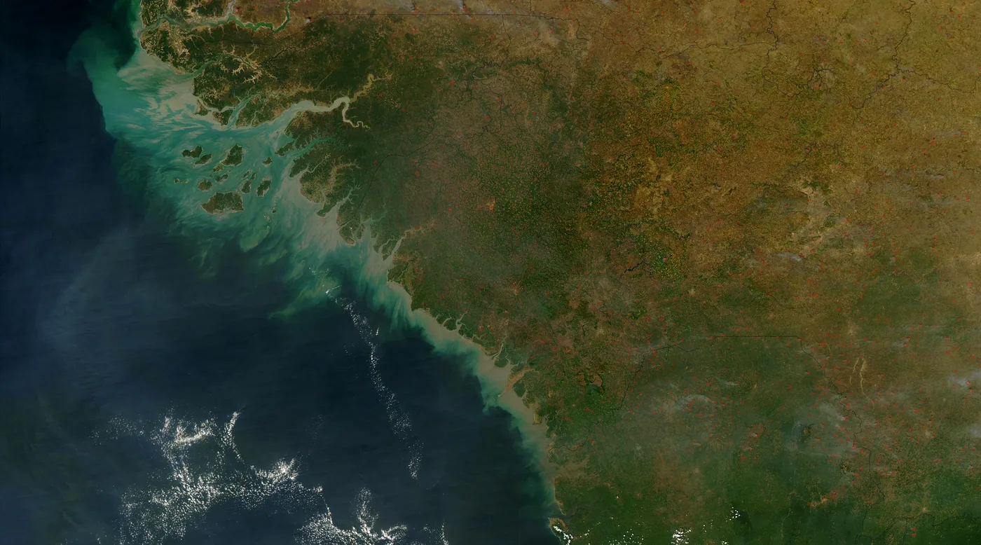 The West African coast from Guinea-Bissau to Sierra Leone in a true-colour satellite image